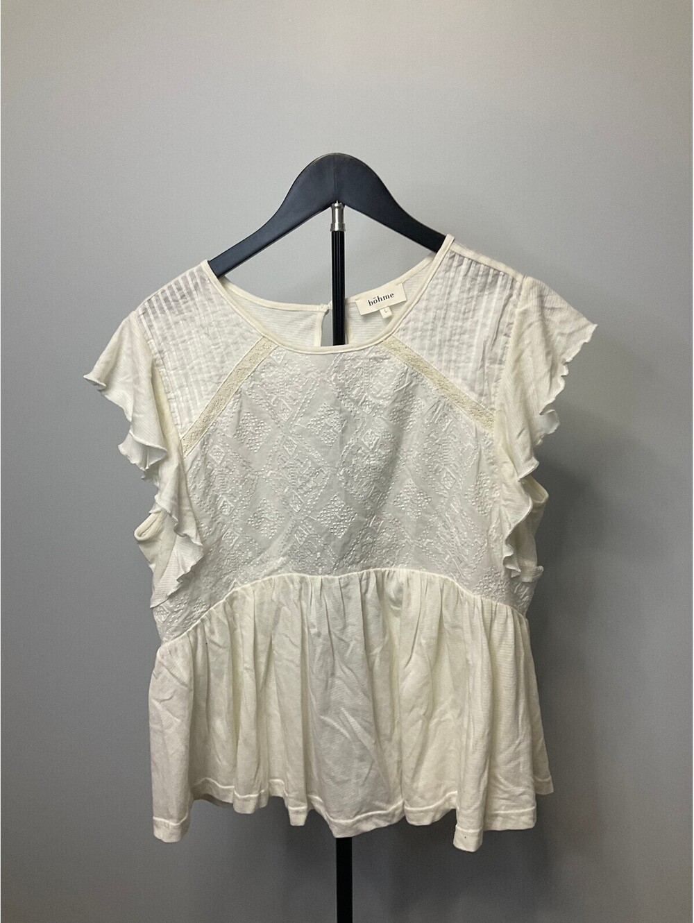 Bohme Cream Embroidered Flutter Sleeve Peplum Top Women's Large Boho